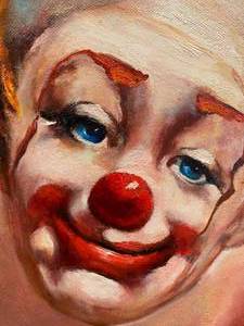 lot 402 image: Original D Levine  Clown  Painting 26 x 26