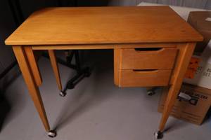 lot 376 image: Wooden Table with Two Drawers on Wheels