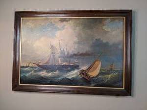 lot 14 image: Large Framed Art of Boats on The Rough Sea