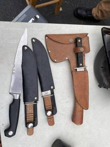 lot 210 image: Lot of high quality knives hatchet and Leather holster.