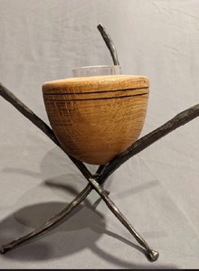 lot 50 image: Two Handcrafted Metal and Turned Oak Candle Holders - New