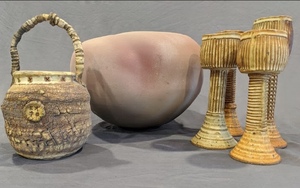 lot 92 image: Studio Pottery Basket, Goblets, and Vase