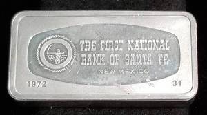 lot 07 image: FNB BANK OF SANTE FE 1000 GRAINS (2.08 TROY OZ) .925 STERLING SILVER ART BAR
