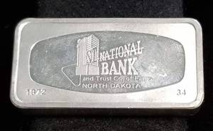lot 41 image: 1ST NATIONAL BANK NORTH DAKOTA 1000 GRAIN (2.08 TORY OZ) .925 SILVER ART BAR