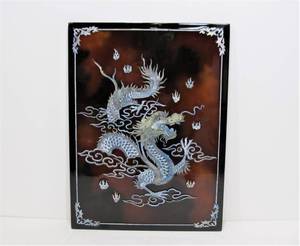 lot 24 image: Chinese Lacquered Mother of Pearl Inlaid Dragon Wall Plaque