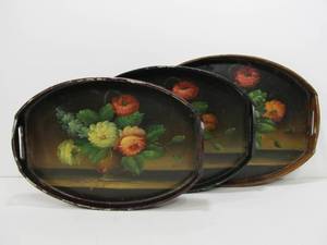 lot 34 image: Lot of 3 Vintage Hand Painted Wood Nesting Trays