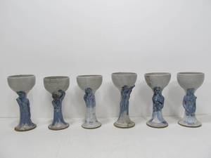lot 52 image: Set of 6 Signed Vintage Stoneware Wine Glasses Goblets wFigural Maiden Stems