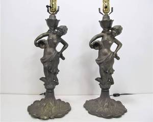 lot 55 image: Large Vintage Cast Figural Cast Metal Victorian Maiden Table Lamps