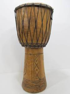 lot 63 image: Large Vintage Carved Wood Drum wAnimal Hide Top