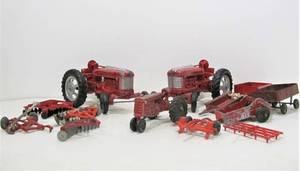 lot 114 image: Nice Group of Old Vintage Diecast Farm Tractors Implements etc - Including 2 Large Hubley Tractors