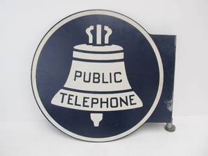 lot 124 image: Original Vintage PUBLIC TELEPHONE Double Sided Metal Flange Sign