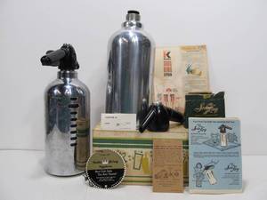 lot 161 image: Group of Vintage SODA KING Seltzer Bottles Canisters & Accessories