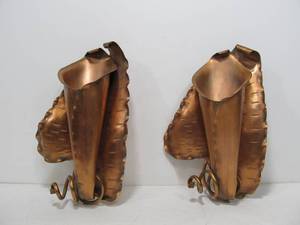 lot 227 image: Matching Pair Signed Vintage Gregorian Hammered Copper Sculptural Wall Pockets