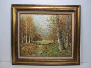 lot 232 image: Framed Signed Vintage Autumn cottage Scene Oil on Canvas Painting