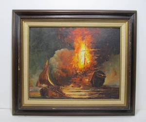 lot 234 image: Framed Signed Vintage Dramatic Clipper Ship Nautical Battle Scene wBurning ship Oil on Canvas Painting