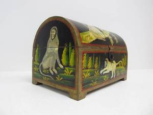 lot 197 image: Dome Top Wooden JewelryStorage Box wHand Painted Monkey Scenes
