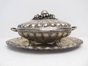 lot 199 image: Old Vintage Hand Hammered Nickel Silver Signed BOLIVANO Covered Bowl & Platter