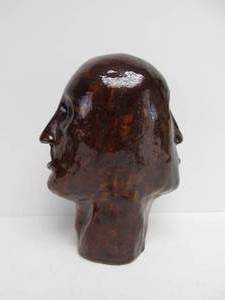 lot 203 image: Interesting Signed Double Sided Art Pottery Face Sculpture