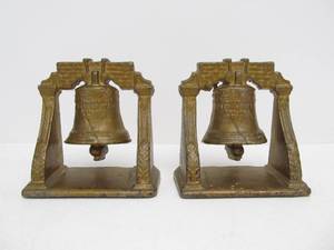 lot 206 image: Pair of Antique Gilt Cast Iron Liberty Bell Bookends