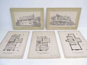 lot 240 image: Set of 5 Antique Hand Drawn Architectural House Blueprint Drawings