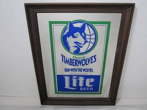 lot 275 image: Vintage 90s MN TIMBERWOLVES Miller Lite Advertising Bar Mirror