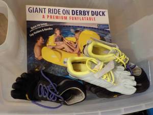 lot 630 image: (3) Pop Up Tents, Water Shoes, Infl...