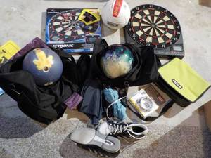 lot 668 image: (2) Bowling Balls In Bags, Dart Boa...