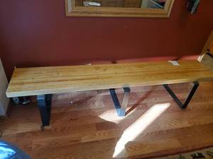 lot 429 image: MAPLE BENCH FROM BOWLING ALLEY, 3 IRON FORMED LEGS