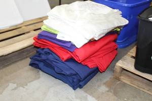 Lot of (20) Tablecloths 90x156 Dark Blue PolyesterRed PolyesterIvory SatinNavy PolyesterGold Bronze SatinLime Green SatinForest Green SatinHot Pink SatinPurple Satin