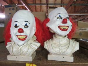lot 33 image: (2) Halloween Clown Masks on Statue...