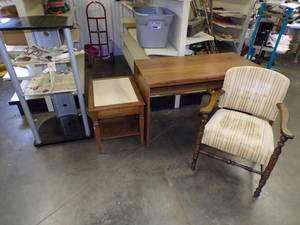 lot 85 image: Vintage Chair, Tile end table, Glass Shelf Display Table, and Desk