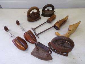 lot 27 image: Cobblers Shoe Molds and Antique Sad Irons