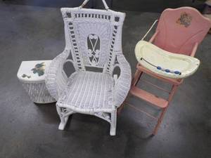 lot 164 image: Vintage Child Wicker Rocker with Hamper and Metal Doll highchair
