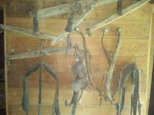 Horse eveners, Leathers, collars & more, the whole wall.