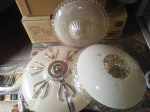 3 Vintage ceiling globes ornate, clear & white.