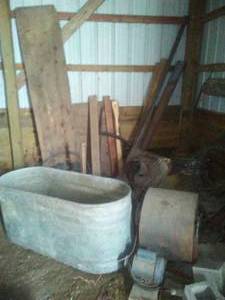 Misc. Corner, Squirrel cage fan, barb wire, wood gates, 8 foot wood fence posts.