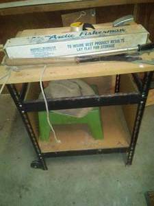 Metal Stand with Contents - Ice Fishing gear.