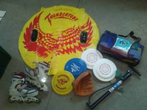 Sporting goods, tube, roller - blades, balls frisbees of more.