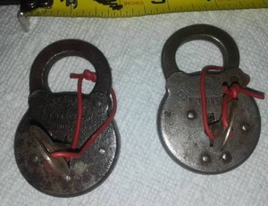 2 Sargent Padlocks with keys 1 excellent, 1 good antique 6 lever.