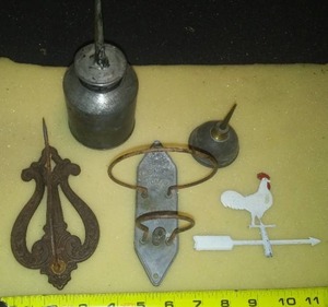 5 Vintage Collectibles, Great stuff, Red Comet, oil cans, chicken weathervane Daisy Floating Dairy gauge, sliding wood box