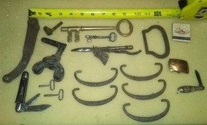 Hammer Brand tiny knife, Brass key hardware, Antique small leather lipstick holder & fold up brush,  dresser handles and more