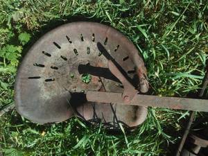 Antique Mechanical lever, long crank handle, metal seat & more.