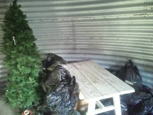 Picnic table & Christmas (C-7 and 9 bulbs), wreaths, tins, stands tree, Huge Lot.