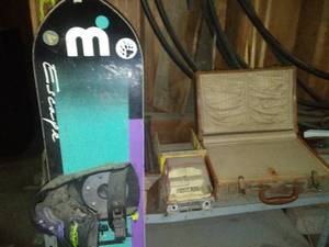 Snow Board, suitcase, Tonka, Wood Clock Box.