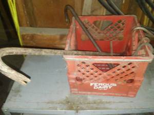 2 bale hooks, 2 crowbars, Hook, Fergus Dairy. Crate