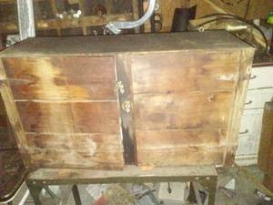 Primitive 2 door cabinet & content.