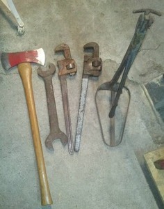 lot 107 image: Axe, Large Pipe Wrench (2) and more.