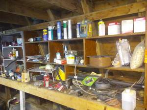 lot 129 image: Huge Lot of Shop Stuff.  Copper wire, Tubes of Grease (10), Decoy, and more, more, more.