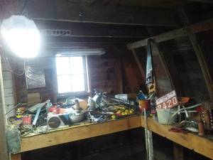 lot 130 image: Treasure Trove of Shop Stuff.   Heavy Duty Locks (2), fencing parts, hand tools, cow bells, and so much more.