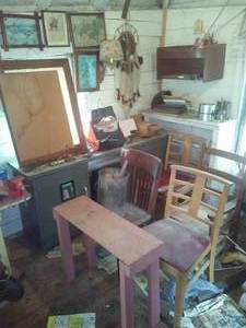lot 147 image: Vintage Metal Desk, light, chairs, vintage fishing lures, hand tools and more.